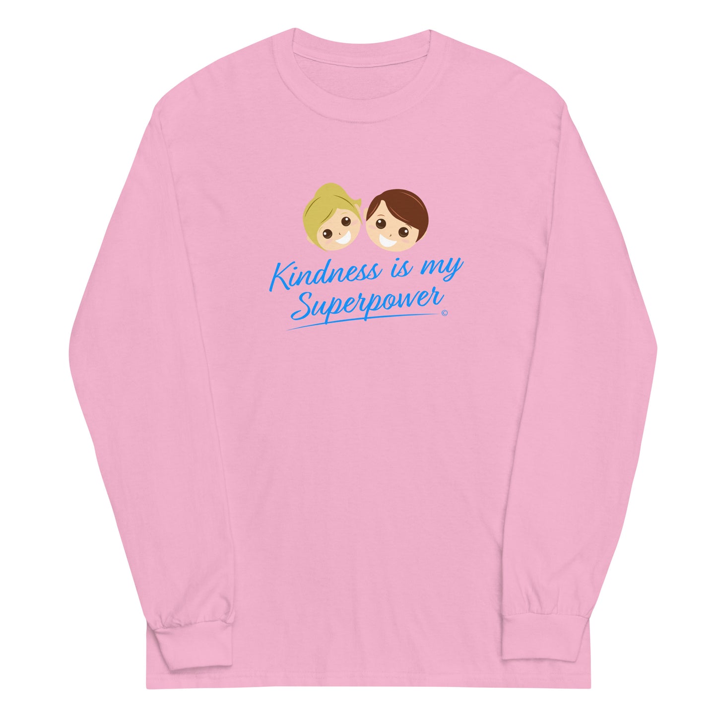 A stylish long sleeve shirt in light pink featuring the empowering quote 'Kindness is my Superpower' in bold lettering.