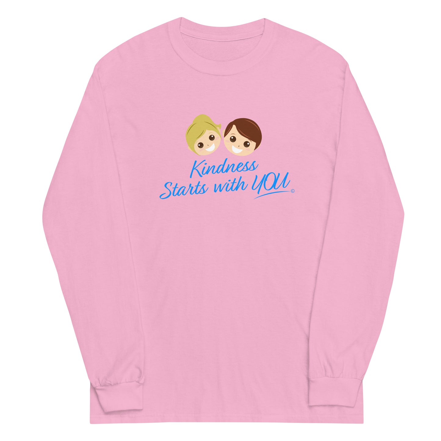 A long sleeve shirt in light pink, featuring the inspiring quote 'Kindness Starts with You' in bold lettering.