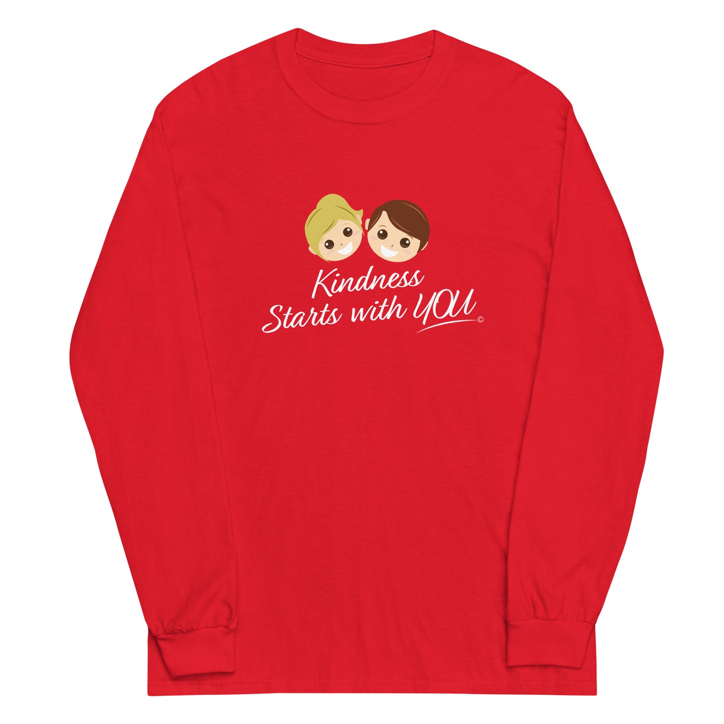 A long sleeve shirt in red, featuring the inspiring quote 'Kindness Starts with You' in bold lettering.
