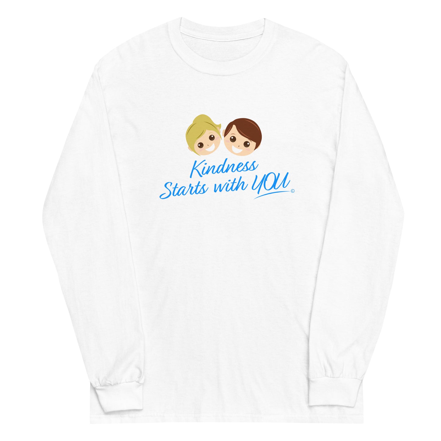 A long sleeve shirt in white, featuring the inspiring quote 'Kindness Starts with You' in bold lettering.