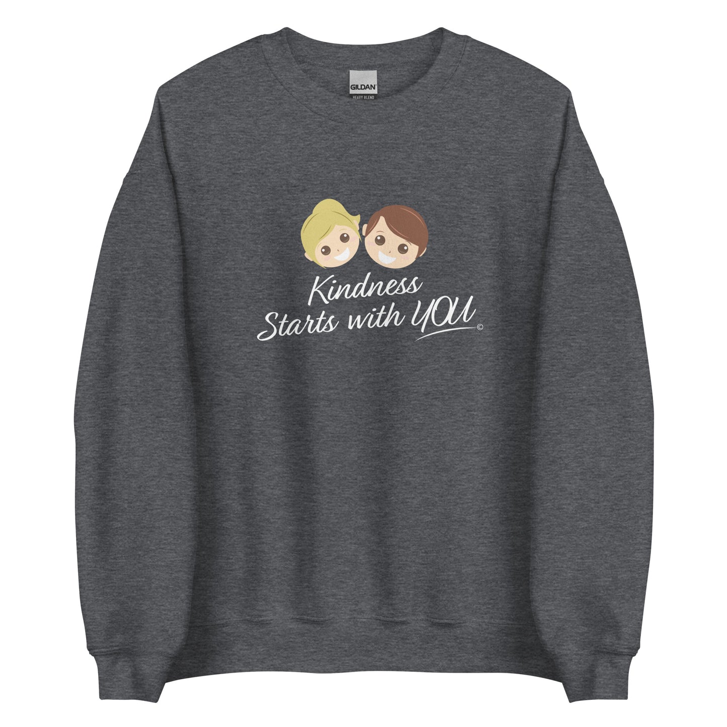 A cozy unisex sweatshirt in dark heather, featuring the uplifting quote 'Kindness Starts with You' in bold lettering.