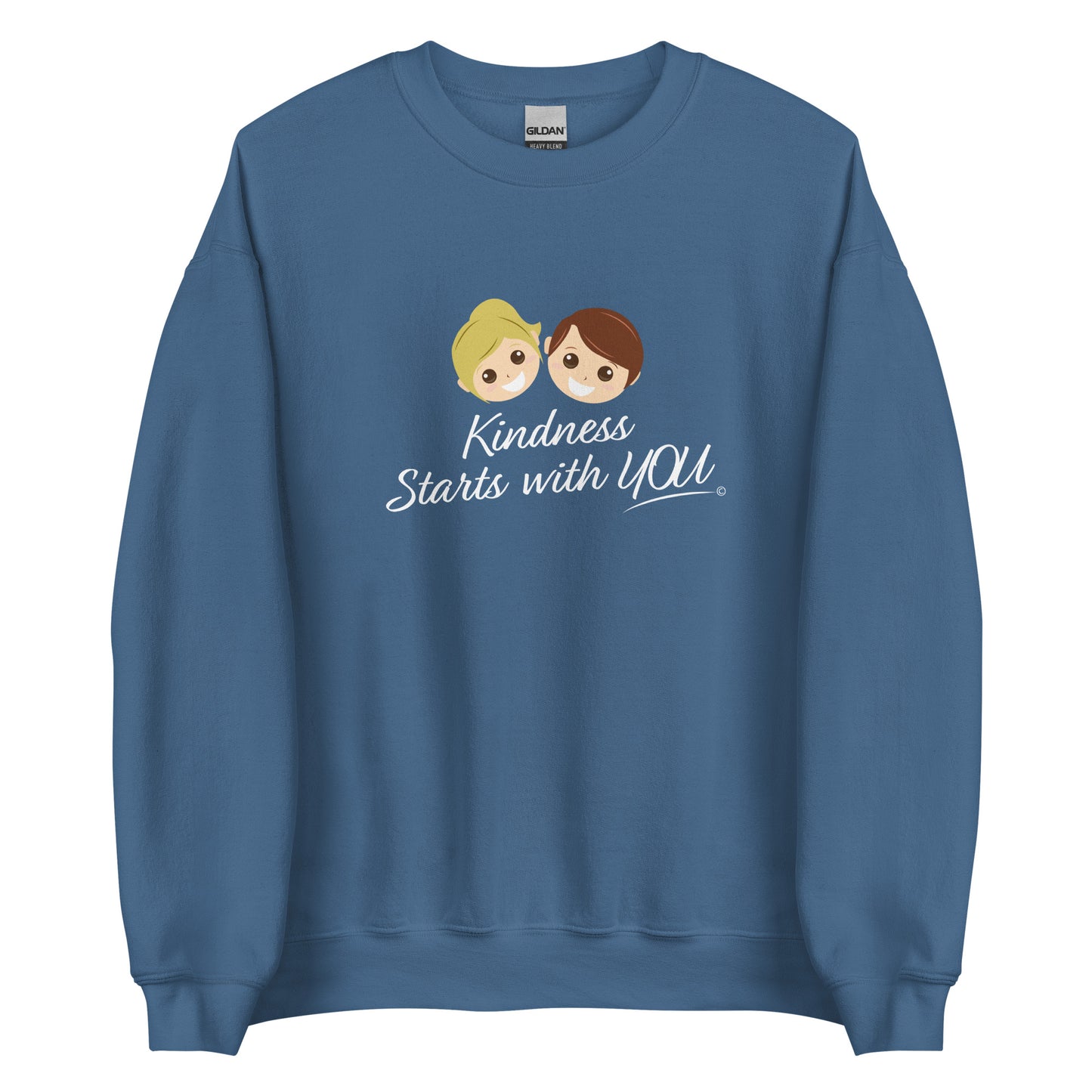 A cozy unisex sweatshirt in indigo blue, featuring the uplifting quote 'Kindness Starts with You' in bold lettering.