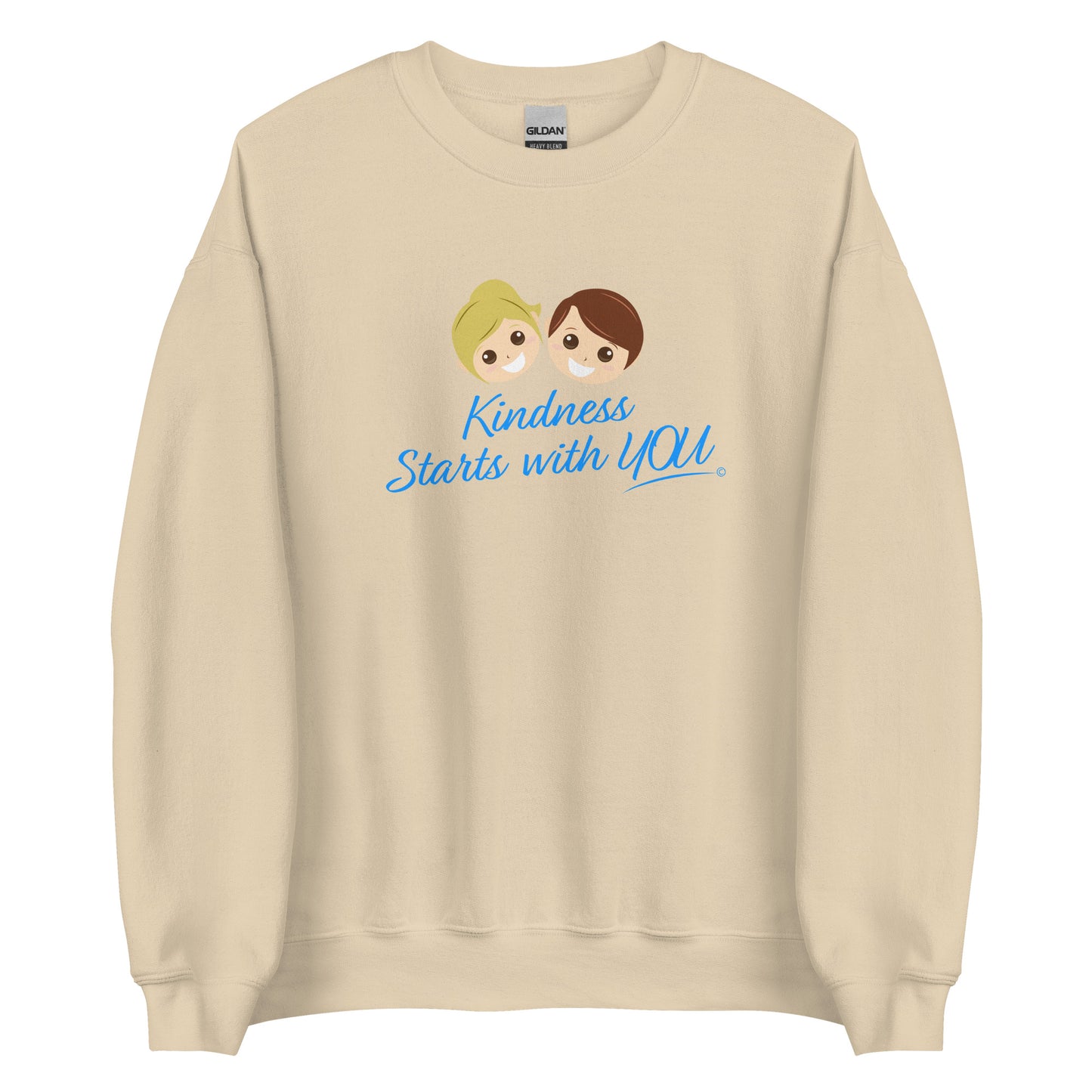 A cozy unisex sweatshirt in sand color, featuring the uplifting quote 'Kindness Starts with You' in bold lettering.