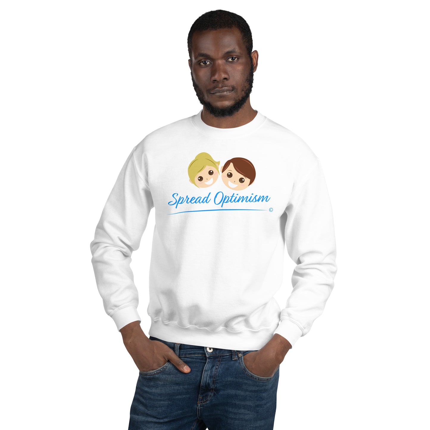 Basic sweatshirts for everyday wear -male model wearing Spread Optimism unisex sweatshirt