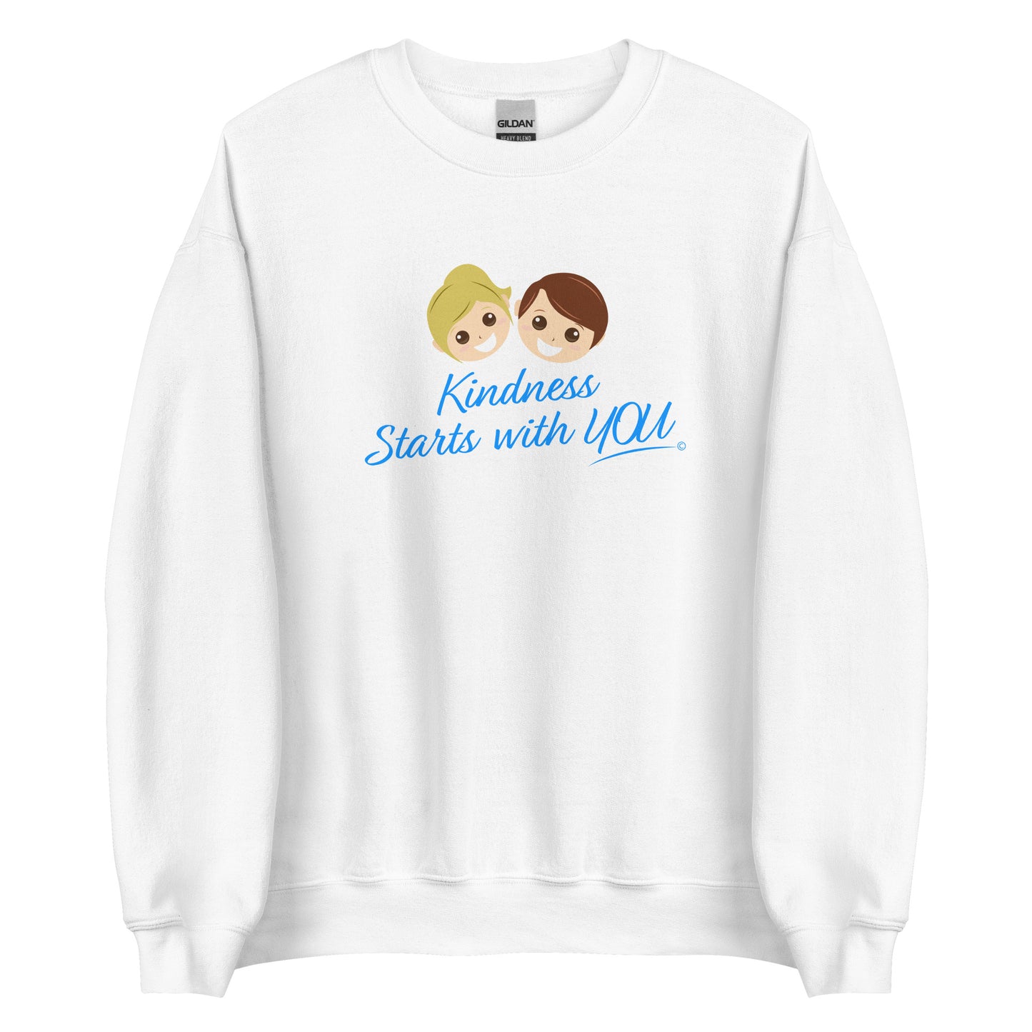 A cozy unisex sweatshirt in white, featuring the uplifting quote 'Kindness Starts with You' in bold lettering.