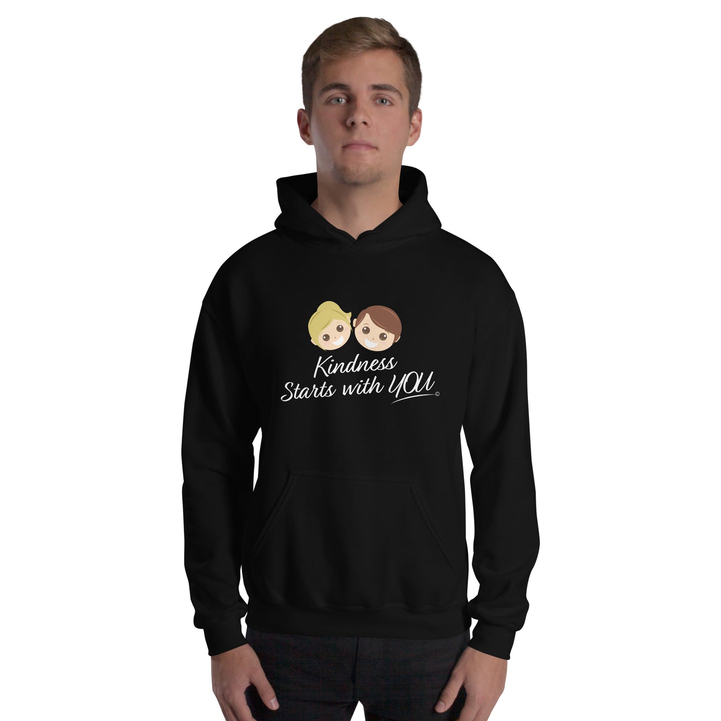 A confident man modeling a cozy unisex hoodie in black, featuring the uplifting quote 'Kindness Starts with You' in bold lettering.