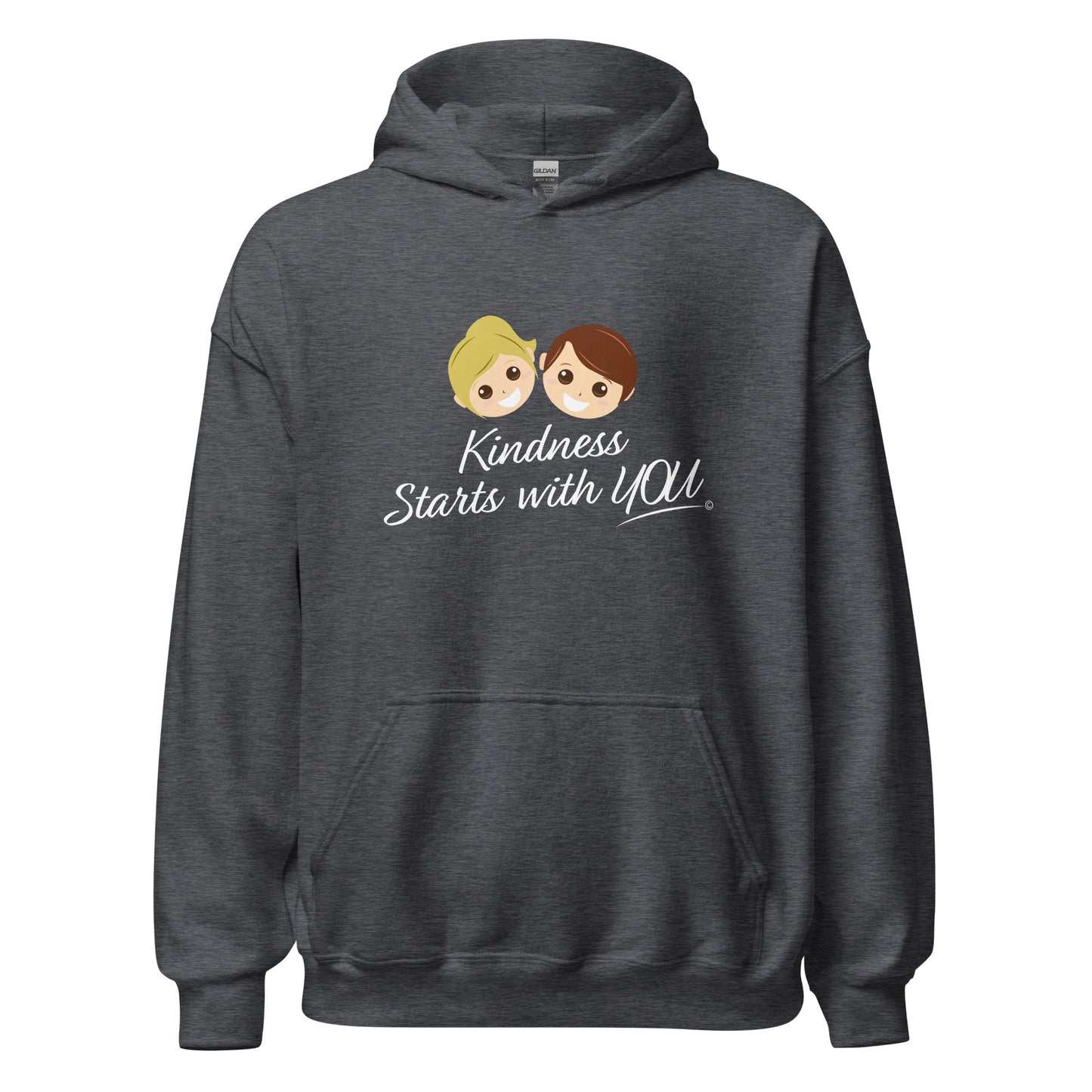 A cozy unisex hoodie in dark heather, featuring the uplifting quote 'Kindness Starts with You' in bold lettering.