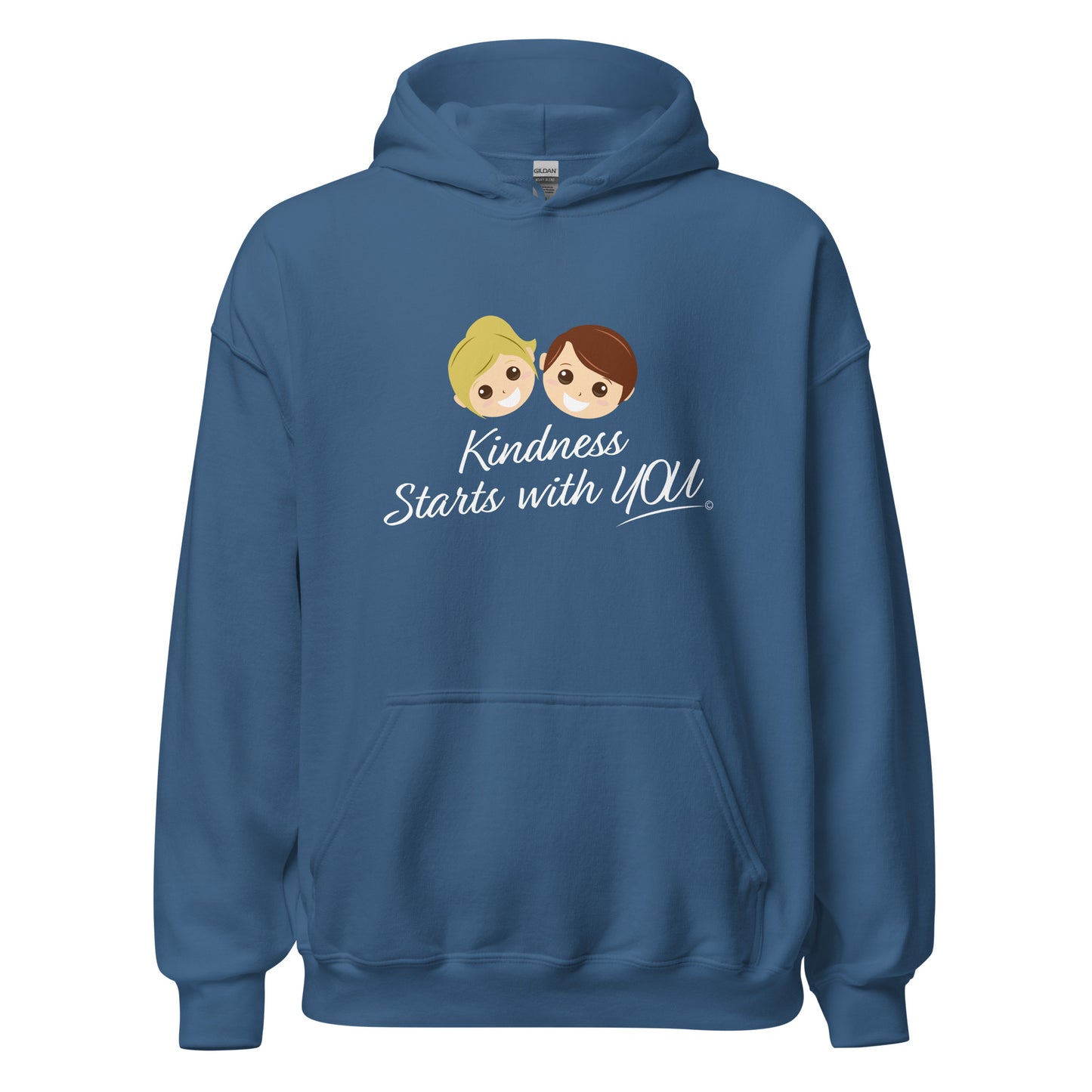 A cozy unisex hoodie in indigo blue, featuring the uplifting quote 'Kindness Starts with You' in bold lettering.