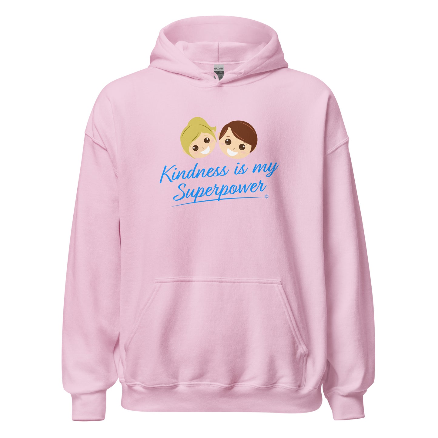 A cozy unisex hoodie in light pink featuring the uplifting quote 'Kindness is my Superpower' in bold lettering.