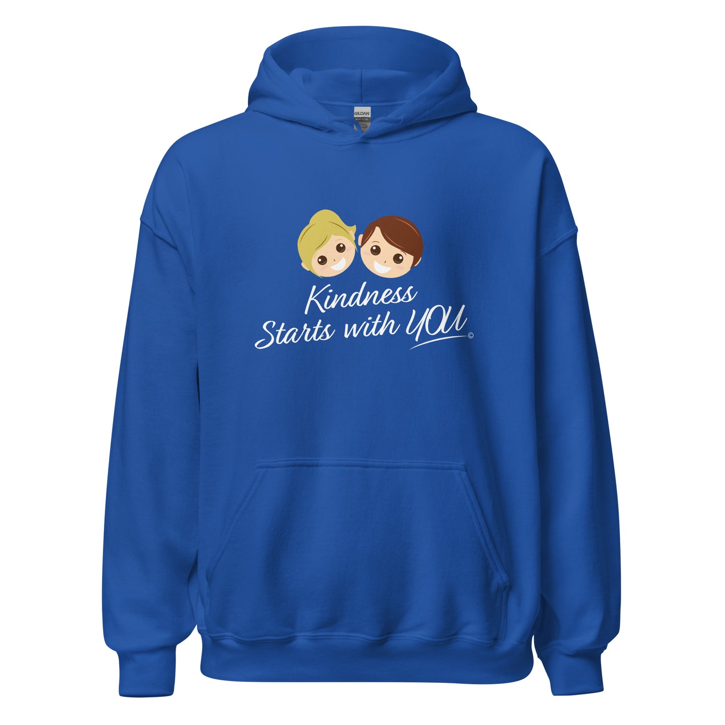 A cozy unisex hoodie in royal blue, featuring the uplifting quote 'Kindness Starts with You' in bold lettering.