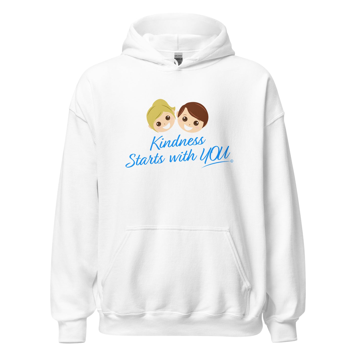 A cozy unisex hoodie in white, featuring the uplifting quote 'Kindness Starts with You' in bold lettering.