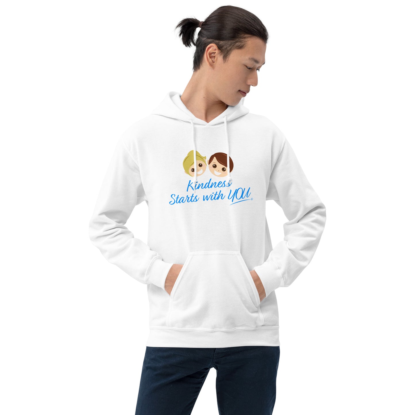 A guy modeling a cozy unisex sweatshirt in white, featuring the uplifting quote 'Kindness Starts with You' in bold lettering.