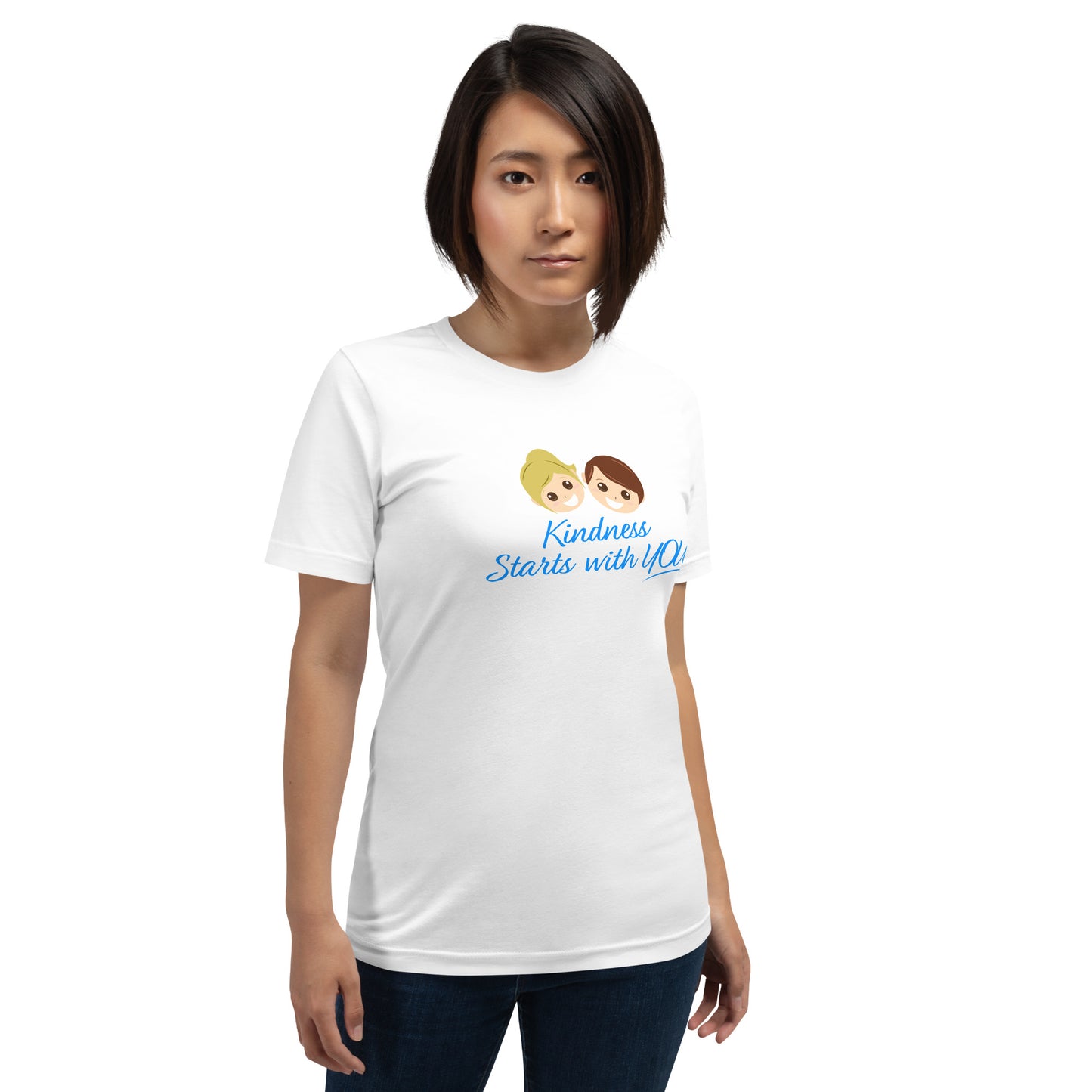 A confident young woman proudly modeling a versatile white unisex t-shirt with the inspiring quote 'Kindness Starts with You' in bold lettering.