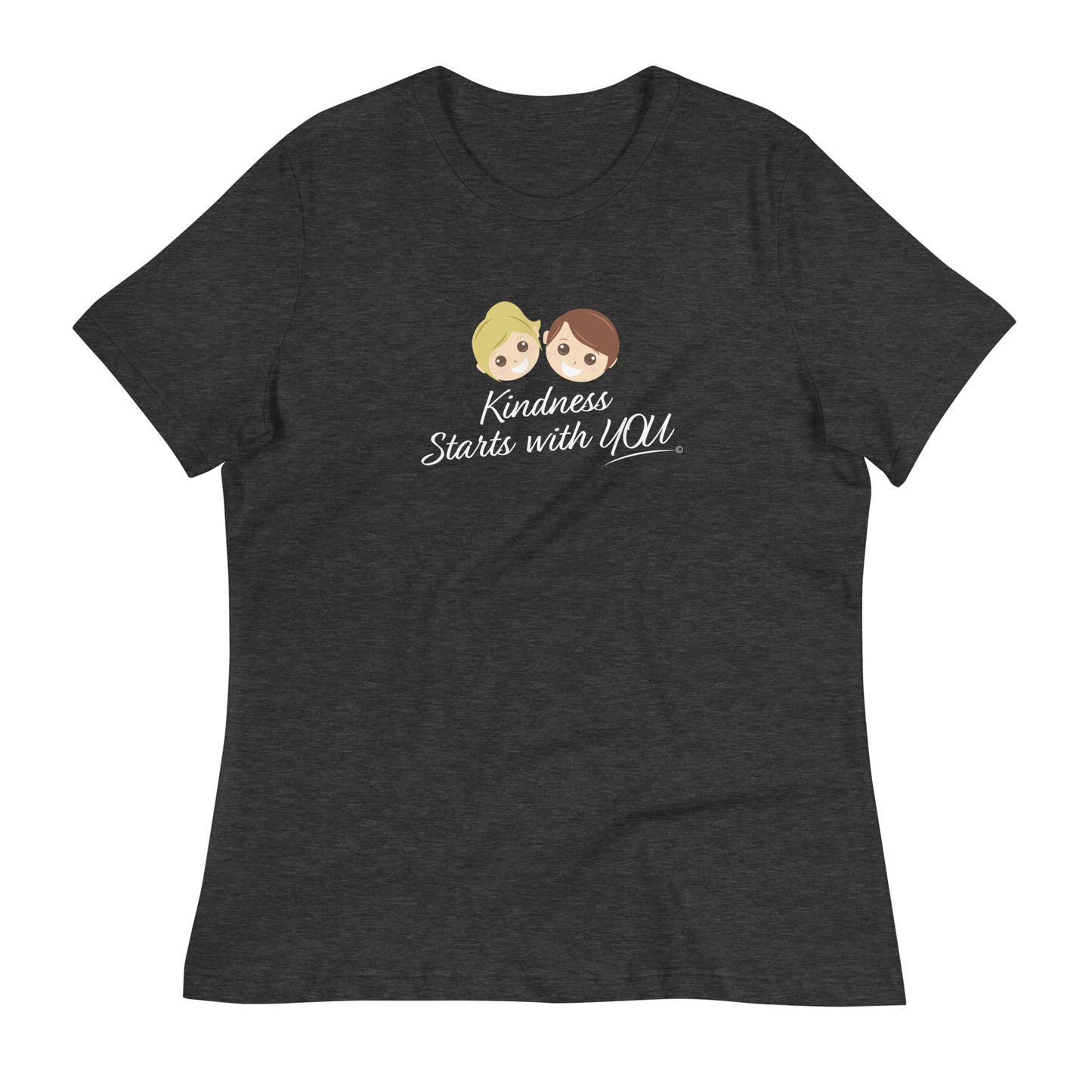 A stylish women's shirt in dark heather, featuring the empowering quote 'Kindness Starts with You' in bold lettering.