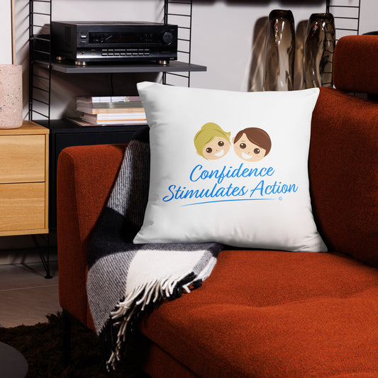 Statement 22x22 throw pillow radiating confidence through 'Confidence Stimulates Action,' adding a powerful touch to a red couch and a trendy checkered scarf.