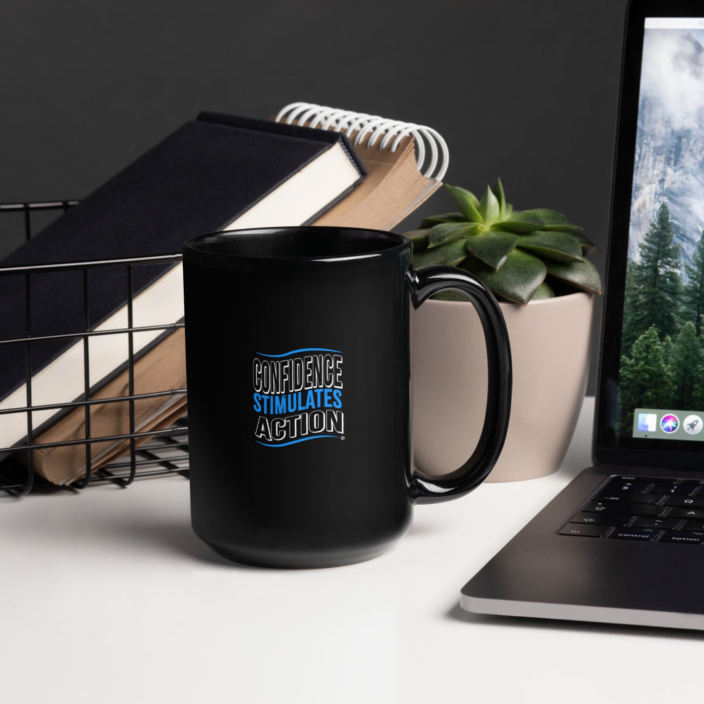 Confidence Stimulates Action Black Glossy Mugs