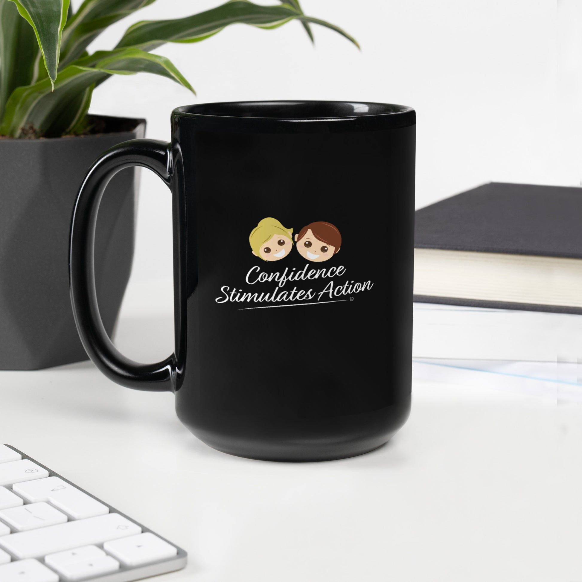 glossy mug in black color with a saying Confidence Stimulates Action