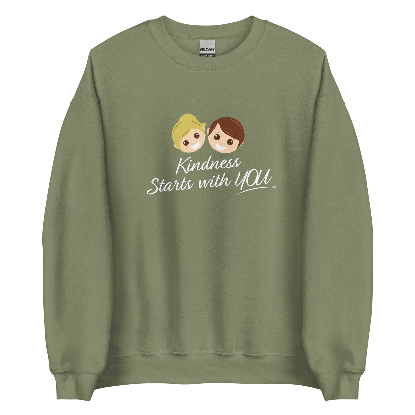 A cozy unisex sweatshirt in military green featuring the uplifting quote 'Kindness Starts with You' in bold lettering.
