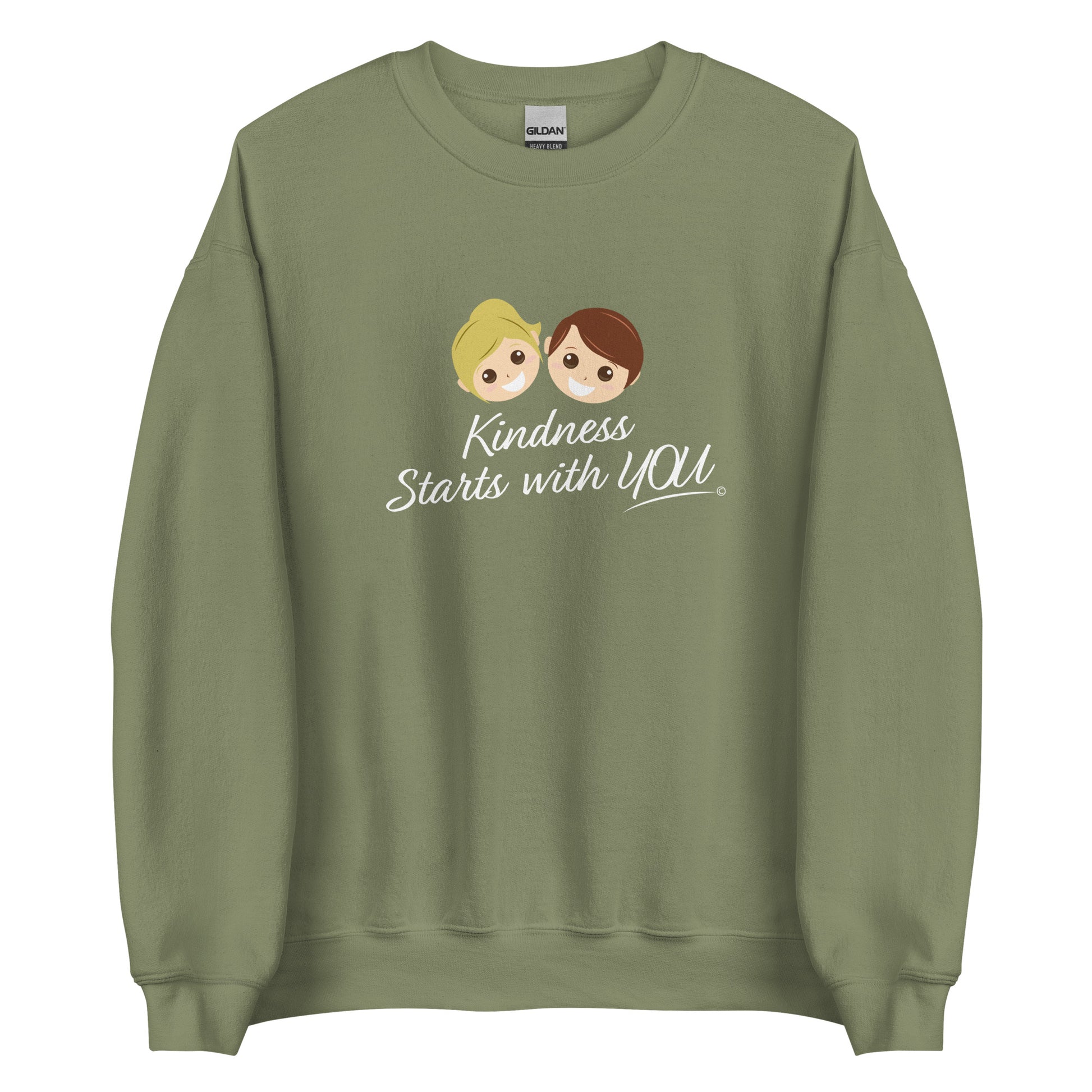 A cozy unisex sweatshirt in military green featuring the uplifting quote 'Kindness Starts with You' in bold lettering.