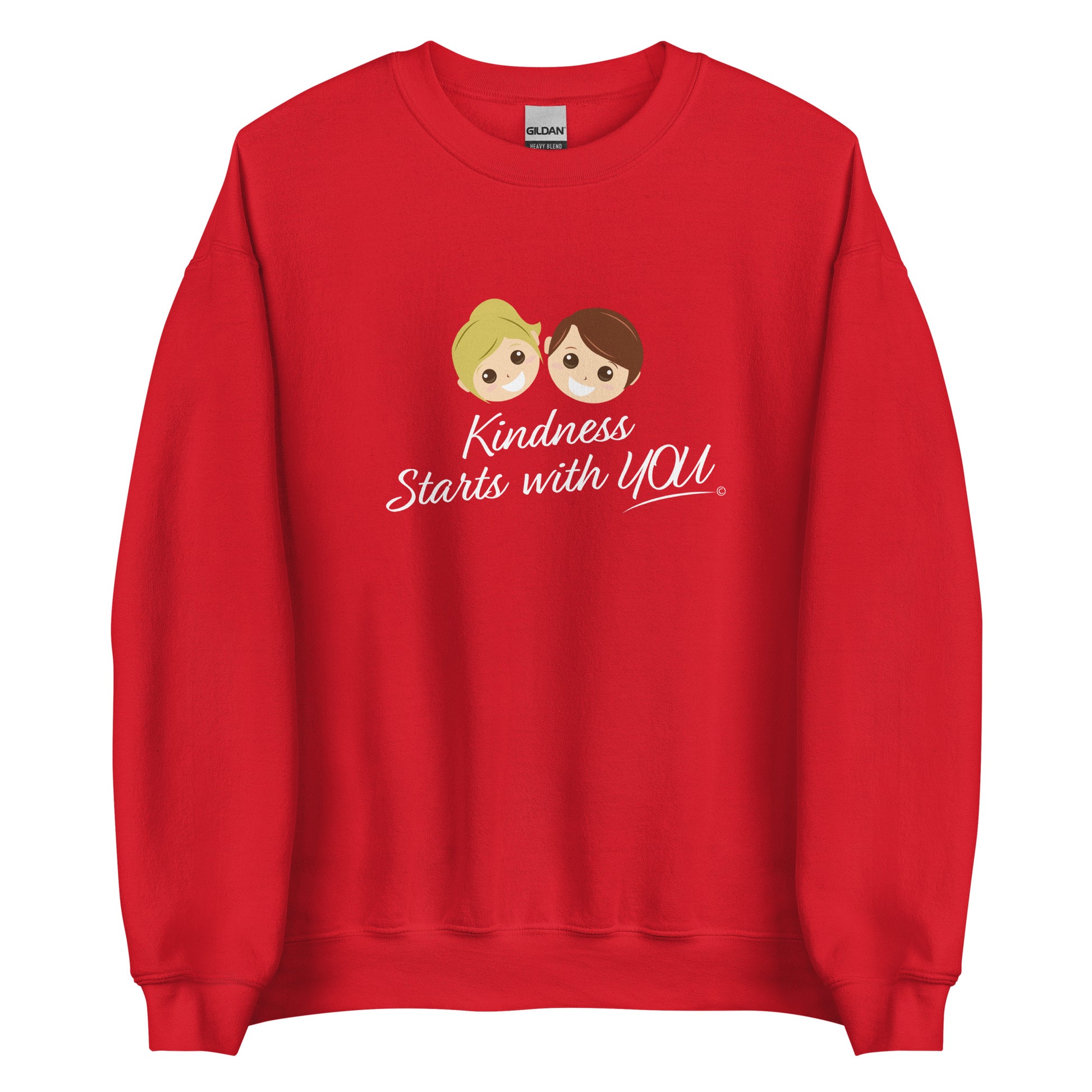 A cozy unisex sweatshirt in red, featuring the uplifting quote 'Kindness Starts with You' in bold lettering.