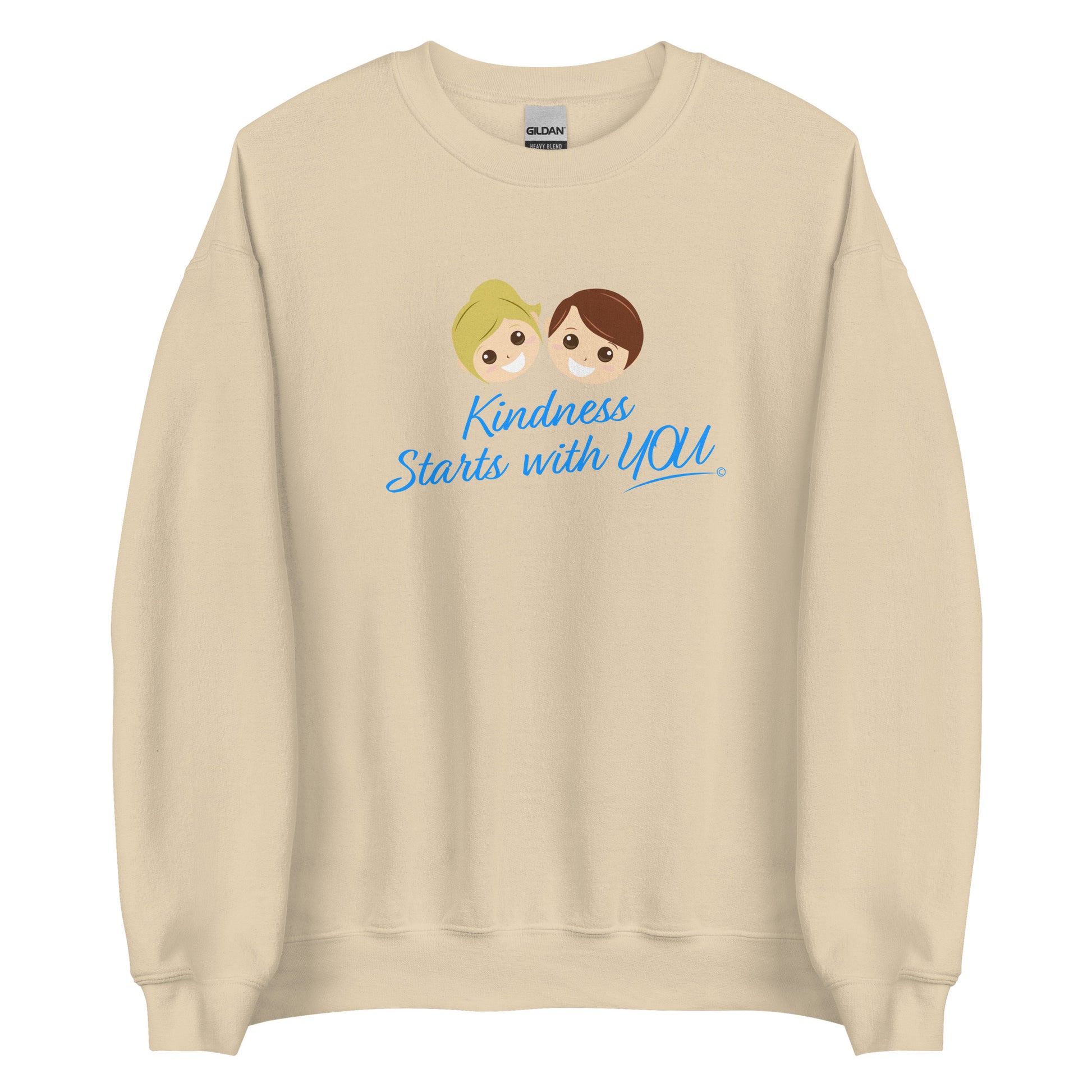 A cozy unisex sweatshirt in sand color, featuring the uplifting quote 'Kindness Starts with You' in bold lettering.