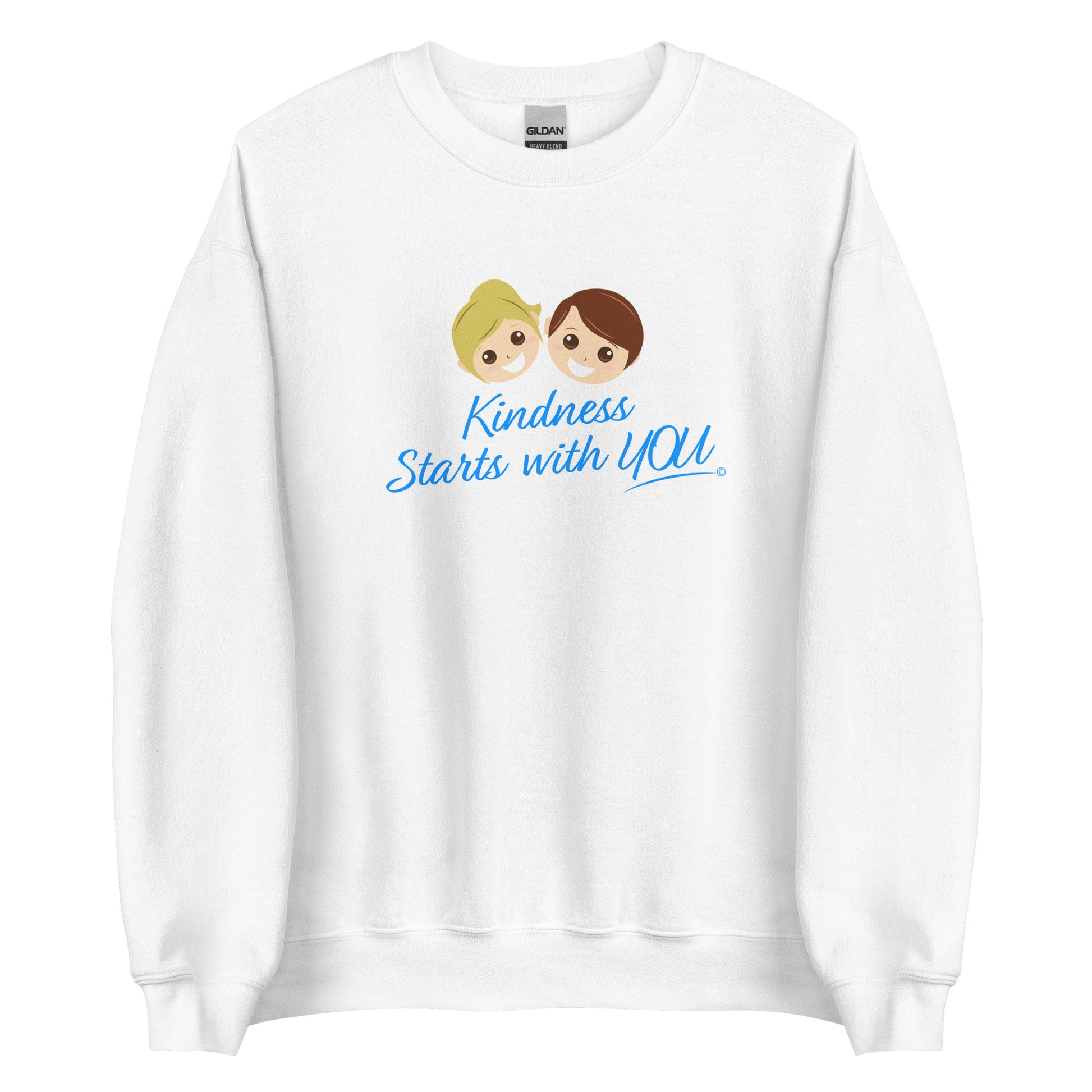 A cozy unisex sweatshirt in white, featuring the uplifting quote 'Kindness Starts with You' in bold lettering.