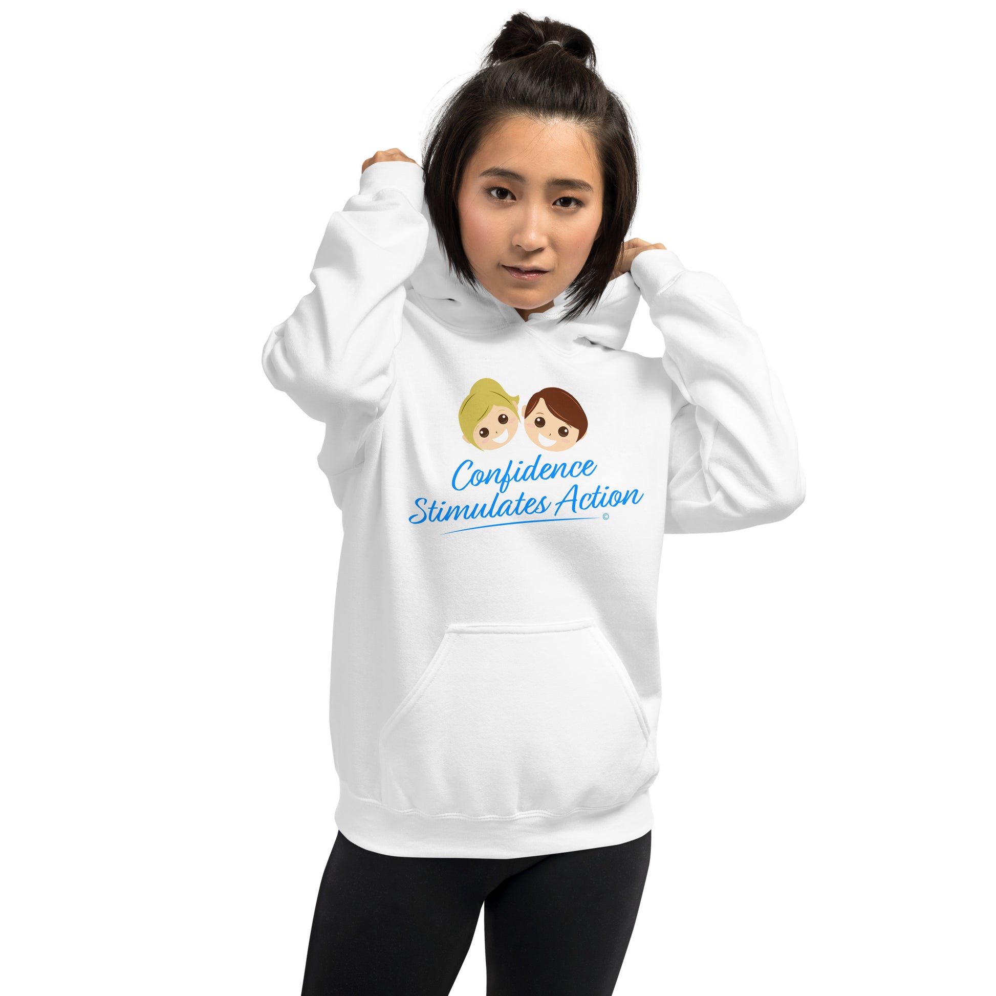 Hooded apparel with designs- woman wearing hoodie with the saying Confidence Stimulates Action
