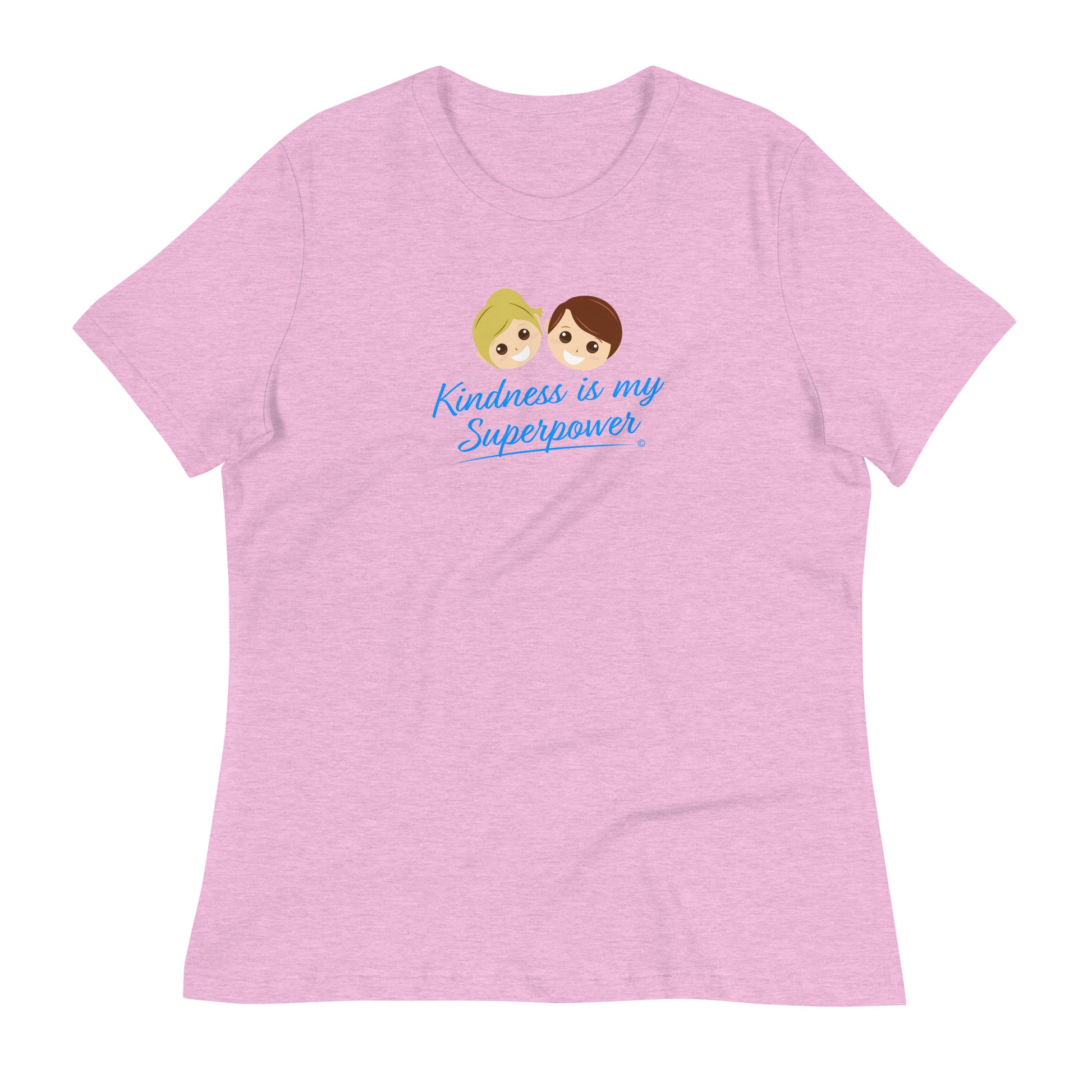 Heather prism lilac color shirt featuring the empowering quote 'Kindness is my Superpower' in bold lettering.