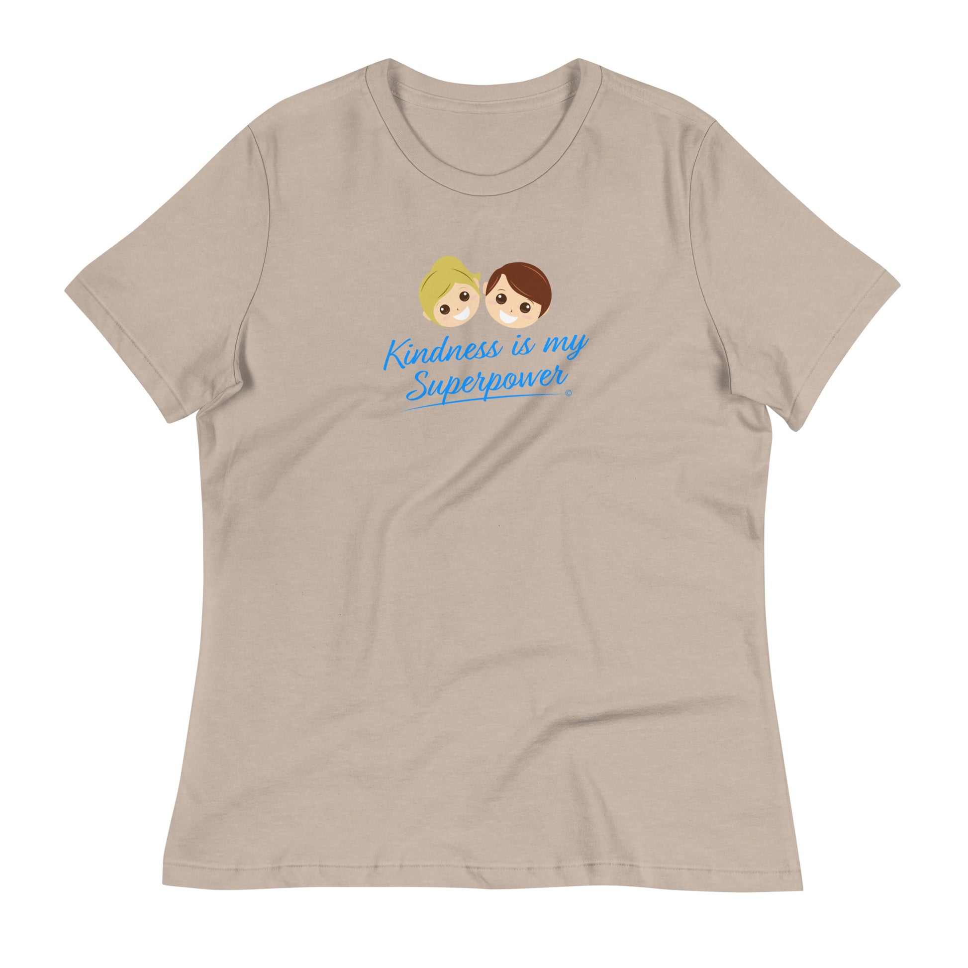 Heather stone color shirt featuring the empowering quote 'Kindness is my Superpower' in bold lettering.